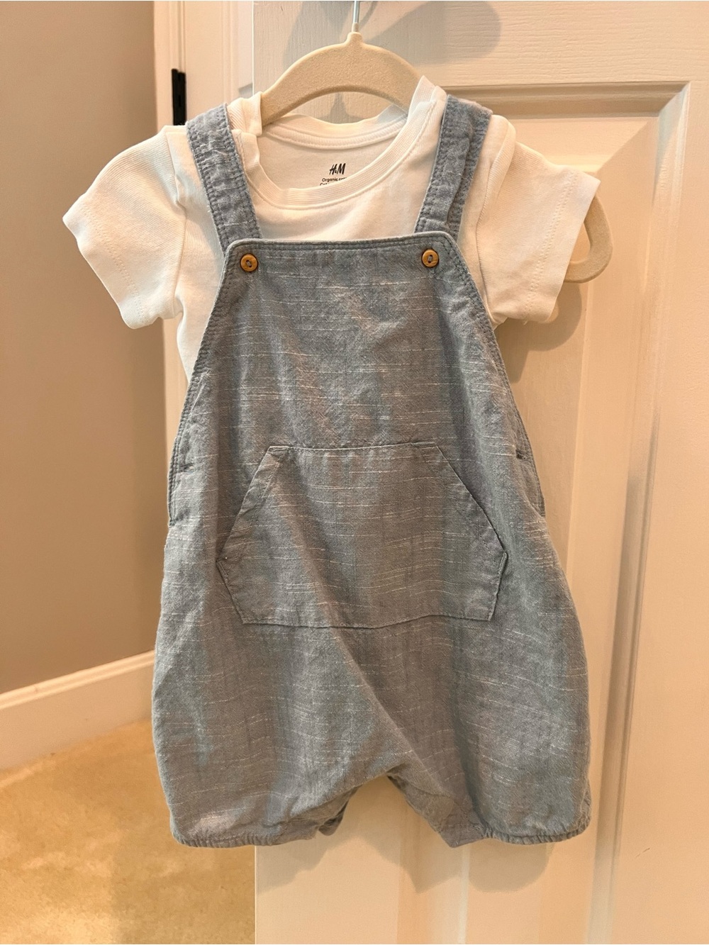 H&M Light Blue Linen-Blend Baby Romper Overalls